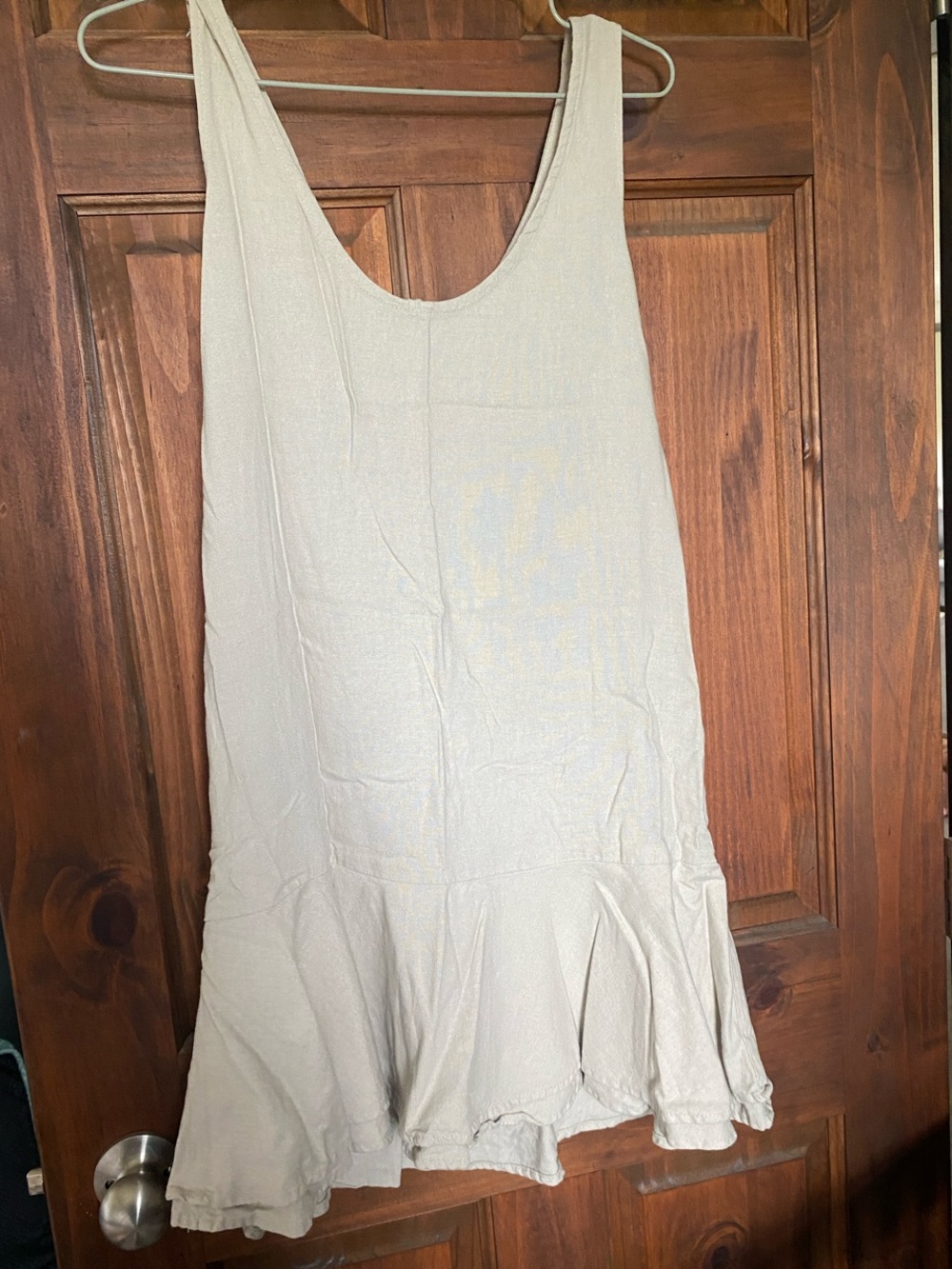 Linen Sleeveless Cream Drop-Waist Ruffle Hem Dress